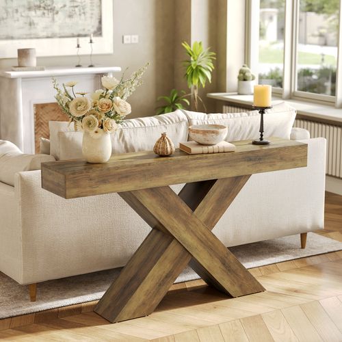 Table D'entrée Étroite De 140 Cm Avec Design En X, Table De Canapé Industrielle Rustique Pour Salon