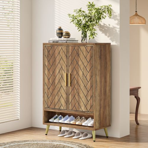 Meuble à Chaussures à 6 Niveaux Avec Portes, Meuble De Rangement En Bois Avec Étagères Réglables