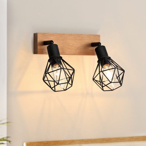 Spot 2 Spots De Plafond Noirs Bois Vintage De Métal E14 Rotatifs à 350°25 W