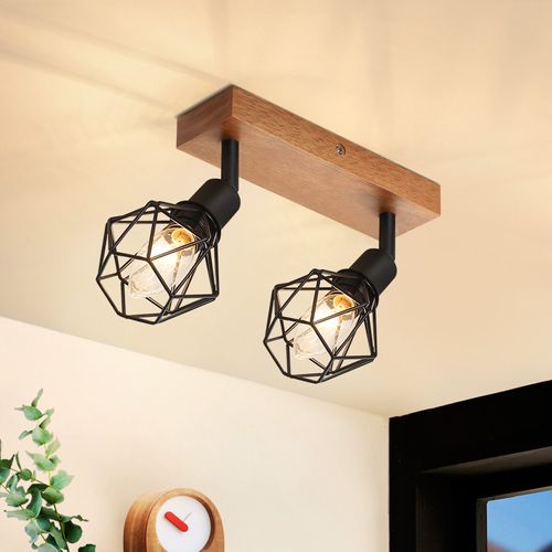 Spot 2 Spots De Plafond Noirs Bois Vintage De Métal E14 Rotatifs à 350°25 W