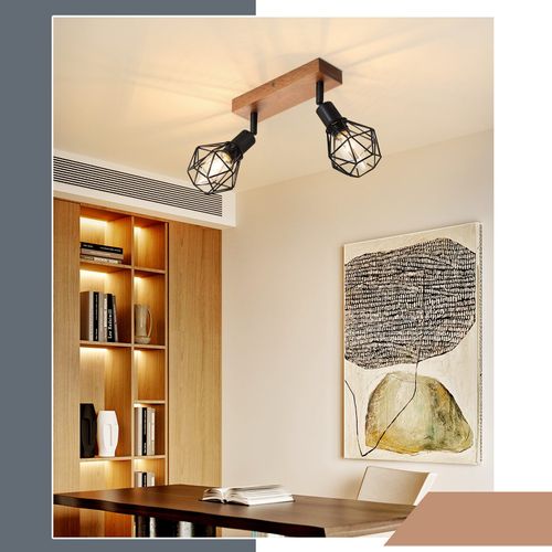 Spot 2 Spots De Plafond Noirs Bois Vintage De Métal E14 Rotatifs à 350°25 W