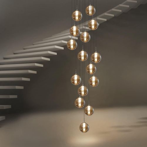 Suspension Verre Ambre Moderne Diam.41cm G9 Escalier Hauteur Réglable Lustre 15 Ampoules