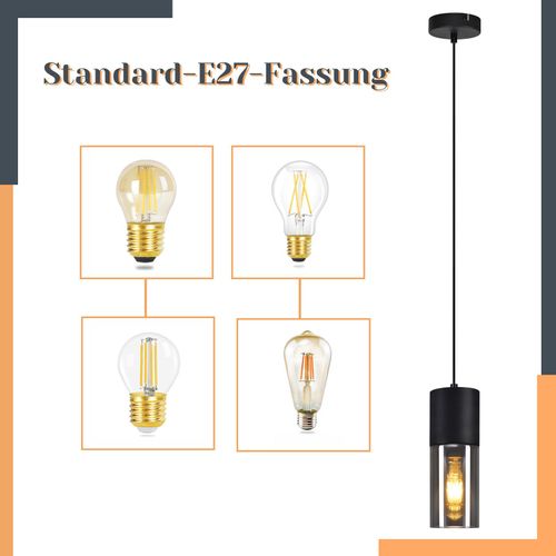 Suspension Lampe Suspension Noire E27 Cuisine Verre Noir Métal 1 Ampoule Industrielle Moderne