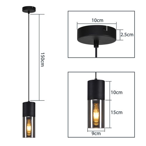 Suspension Lampe Suspension Noire E27 Cuisine Verre Noir Métal 1 Ampoule Industrielle Moderne
