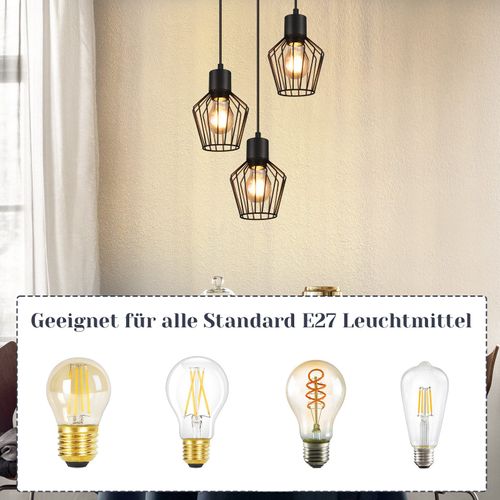 Suspension 3 Ampoules Suspension Ronde Suspension Noire LED E27 Métal Rétro