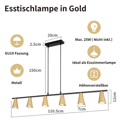 Lampe Suspendue Table à Manger Suspension Gu10 Manger 6 Ampoules En Métal Noir Doré Industriel