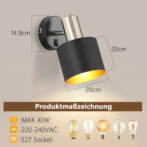 Applique Murale Intérieur Spot Mural Vintage Noir 330° Pivotant E27 Petit Métal