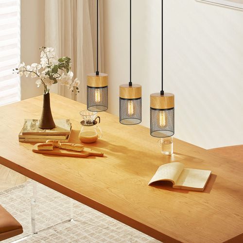 Lampe à Suspendre Vintage Bois Veiné Table à Manger Noir Industriel E27 25w Suspension