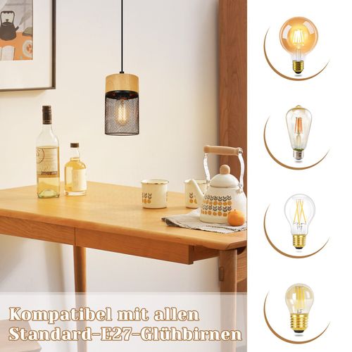 Lampe à Suspendre Vintage Bois Veiné Table à Manger Noir Industriel E27 25w Suspension