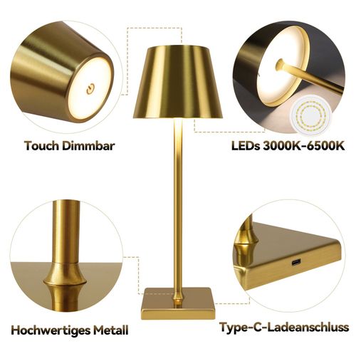2 X Lampe De Table LED Vintage Dorée Sans Fil Tactile à Intensité Variable à 3 Températures