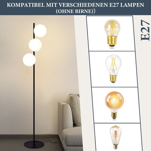 Lampadaire Noir Moderne 3 Flammes Avec Interrupteur à Pied Métal Verre E27 Industriel Vintage