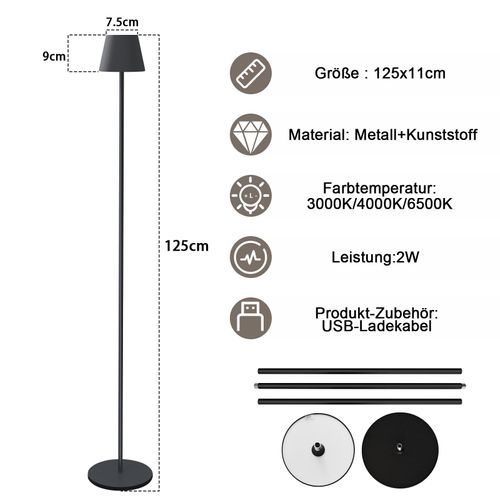 LED Lampadaire Noir Moderne Dimmable 125cm 3 Températures De Couleur USB Salon