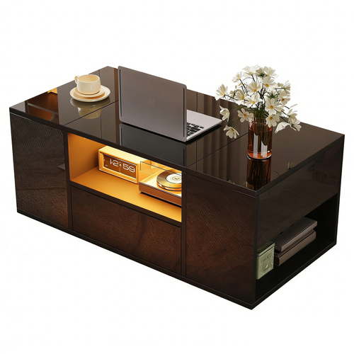 Table Basse Moderne 100x50x40cm LED 3 Compartiments Rangement 2 Compartiments Cachés 1 Tiroir Noir