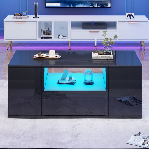 Table Basse Moderne 100x50x40cm LED 3 Compartiments Rangement 2 Compartiments Cachés 1 Tiroir Noir