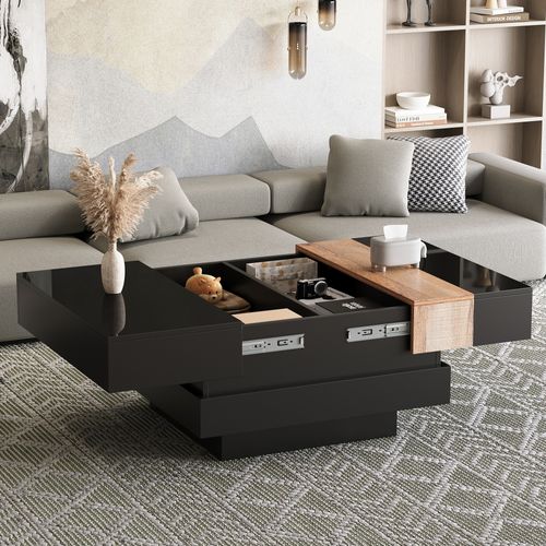 Table Basse Carré Moderne 70x70x39cm Compartiment Caché Porte Coulissante Table Canapé Bois Noir