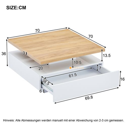 Table Basse Moderne Carré 70x70x36cm Pivotant à 360° 1 Tiroir Canapé Table Multifonction Bois Blanc