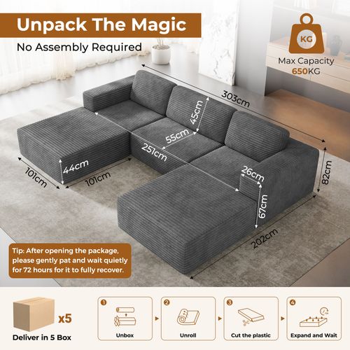 Canapé Modulaire 3 Places Compressé En U,velours Côtelé,gris