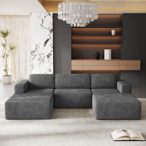 Canapé Modulaire 3 Places Compressé En U,velours Côtelé,gris