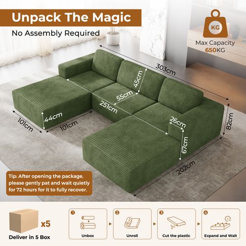 Canapé Modulaire 3 Places Compressé En U,velours Côtelé,vert