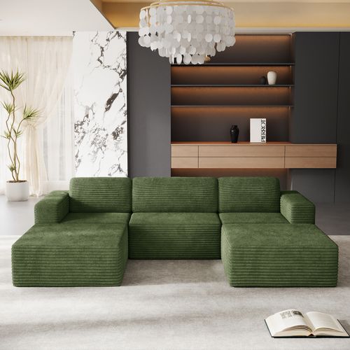 Canapé Modulaire 3 Places Compressé En U,velours Côtelé,vert