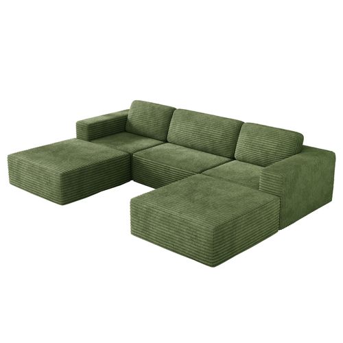 Canapé Modulaire 3 Places Compressé En U,velours Côtelé,vert