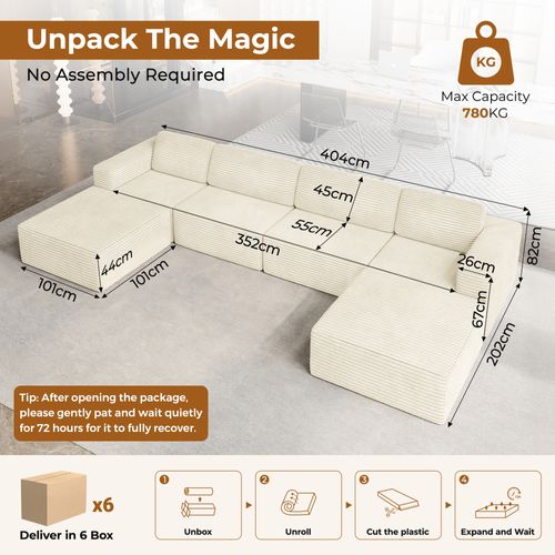 Canapé 4 Places Modulaire Compressé En U,velours Côtelé,beige