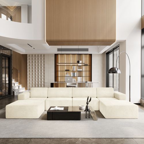 Canapé 4 Places Modulaire Compressé En U,velours Côtelé,beige