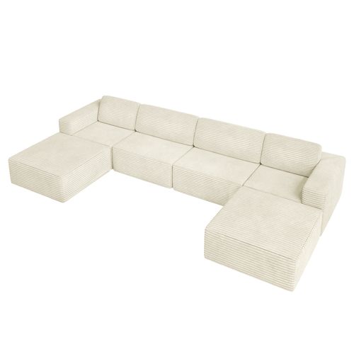 Canapé 4 Places Modulaire Compressé En U,velours Côtelé,beige