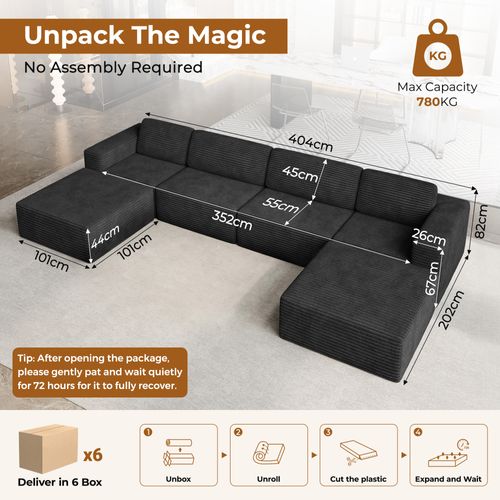 Canapé 4 Places Modulaire Compressé En U,velours Côtelé,noir