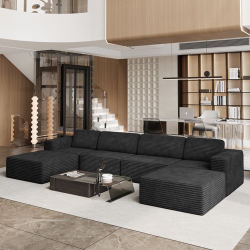 Canapé 4 Places Modulaire Compressé En U,velours Côtelé,noir
