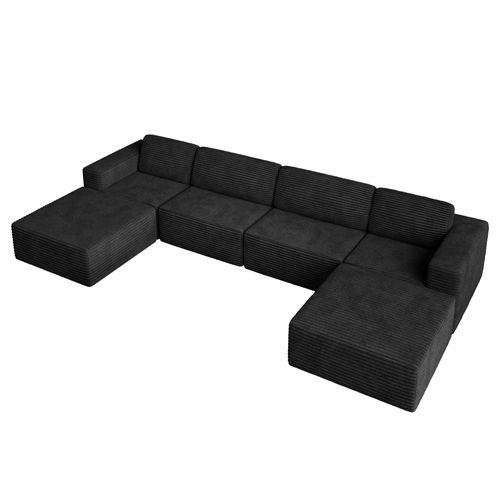 Canapé 4 Places Modulaire Compressé En U,velours Côtelé,noir