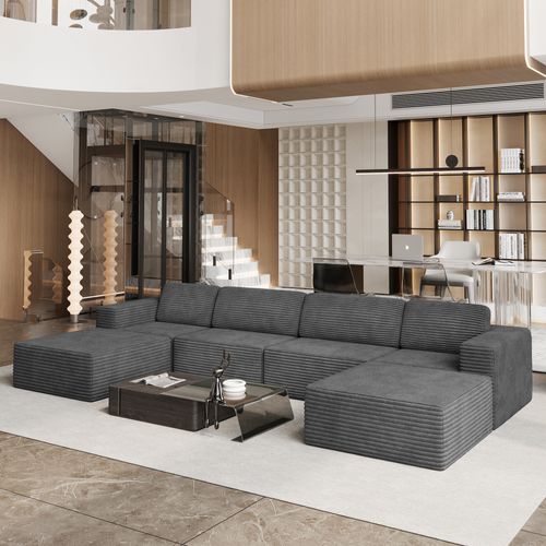 Canapé 4 Places Modulaire Compressé En U,velours Côtelé,gris