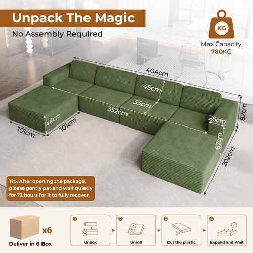 Canapé 4 Places Modulaire Compressé En U,velours Côtelé,vert