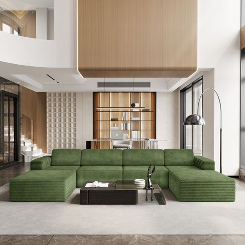 Canapé 4 Places Modulaire Compressé En U,velours Côtelé,vert