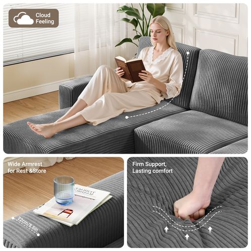 Canapé D'angle Modulable 254x160x87 Cm - Velours Côtelé - Gris