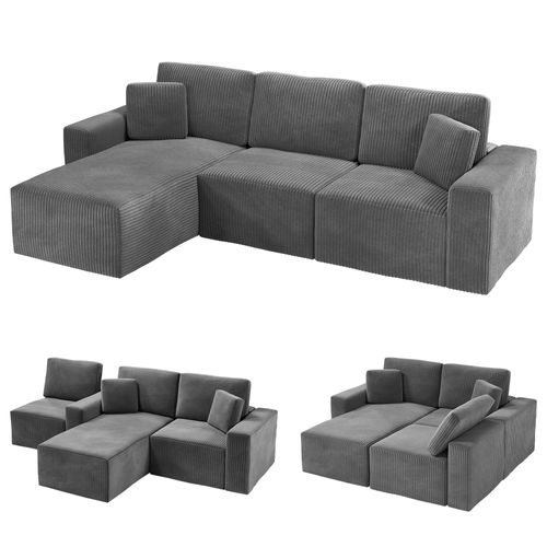 Canapé D'angle Modulable 254x160x87 Cm - Velours Côtelé - Gris