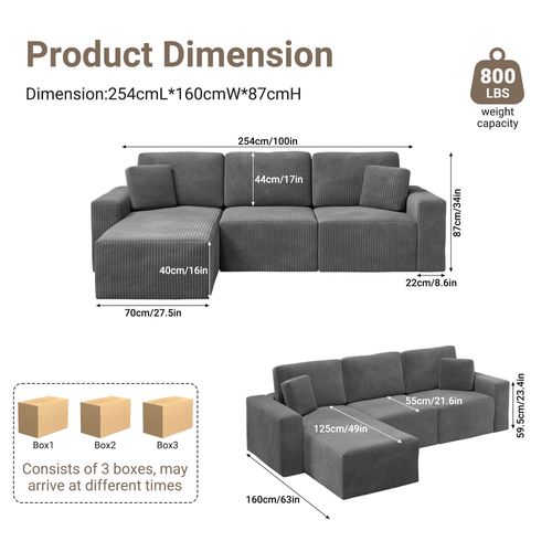 Canapé D'angle Modulable 254x160x87 Cm - Velours Côtelé - Gris