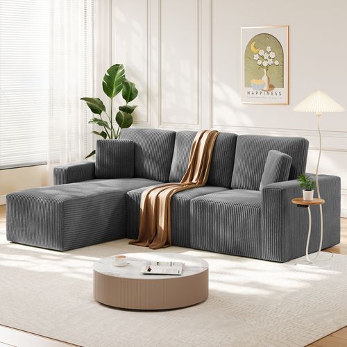 Canapé D'angle Modulable 254x160x87 Cm - Velours Côtelé - Gris