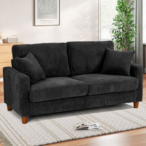 Canapé Droit 178x76x89cm Rembourré 2 Places En Velours Côtelé - Noir