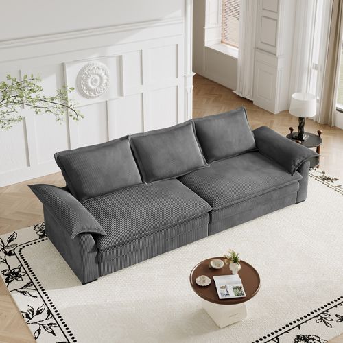 Canapé 3 Places En Velour Côtelé,2 Oreillers D'accoudoir,amovible Et Lavable,265x86x88cm,gris