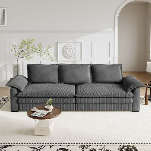 Canapé 3 Places En Velour Côtelé,2 Oreillers D'accoudoir,amovible Et Lavable,265x86x88cm,gris