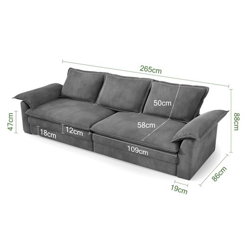 Canapé 3 Places En Velour Côtelé,2 Oreillers D'accoudoir,amovible Et Lavable,265x86x88cm,gris