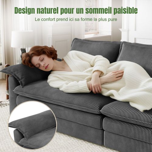 Canapé 3 Places En Velour Côtelé,2 Oreillers D'accoudoir,amovible Et Lavable,265x86x88cm,gris