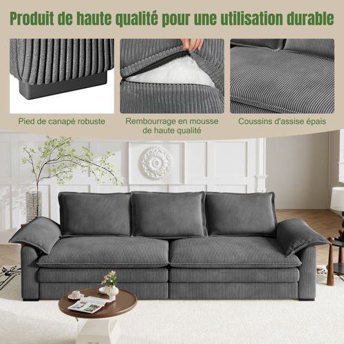 Canapé 3 Places En Velour Côtelé,2 Oreillers D'accoudoir,amovible Et Lavable,265x86x88cm,gris
