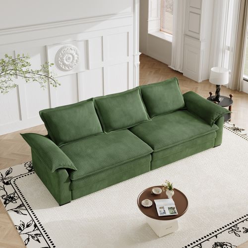 Canapé 3 Places En Velour Côtelé,2 Oreillers D'accoudoir,amovible Et Lavable,265x86x88cm,vert