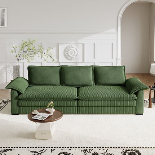 Canapé 3 Places En Velour Côtelé,2 Oreillers D'accoudoir,amovible Et Lavable,265x86x88cm,vert