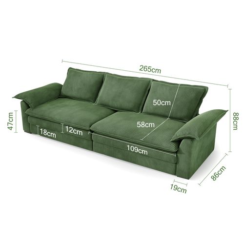 Canapé 3 Places En Velour Côtelé,2 Oreillers D'accoudoir,amovible Et Lavable,265x86x88cm,vert