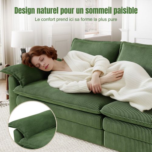 Canapé 3 Places En Velour Côtelé,2 Oreillers D'accoudoir,amovible Et Lavable,265x86x88cm,vert