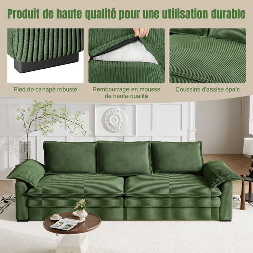 Canapé 3 Places En Velour Côtelé,2 Oreillers D'accoudoir,amovible Et Lavable,265x86x88cm,vert