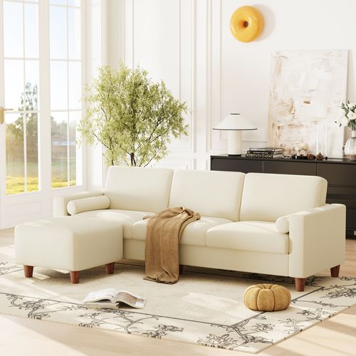 Canapé 3 Places En Simili Luxueux Avec Pouf Mobile,cadre En Bois,imperméable,234x155x88cm,beige